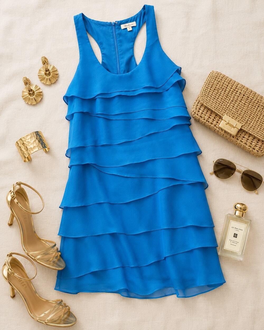 Shoshanna 100% Silk Blue Tiered Ruffle Cocktail Dress Racerback Resort Wedding 2